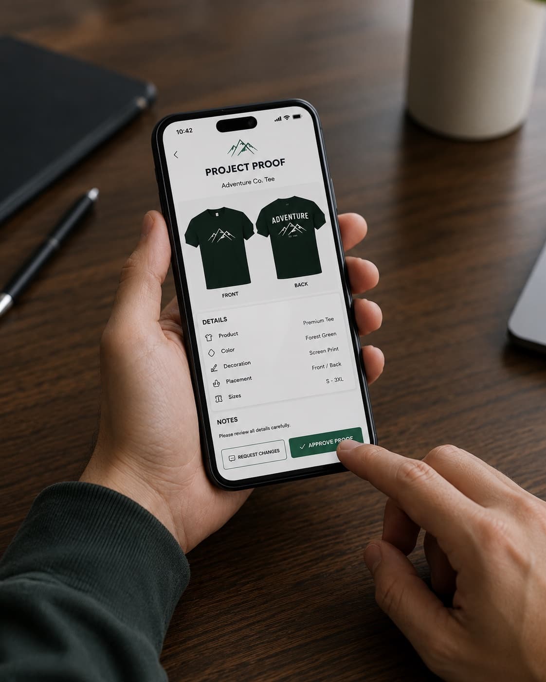 Phone showing a project proof approval screen with a t-shirt mockup and an Approve Proof button