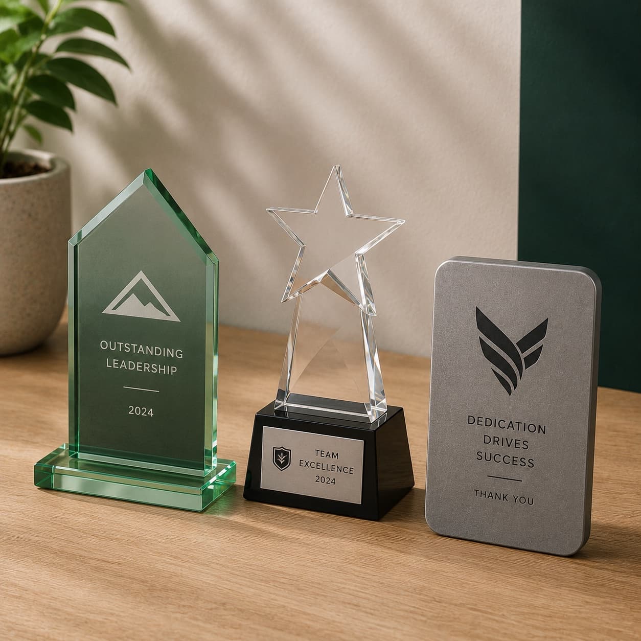 Glass award plaque, crystal star trophy, and metal recognition plaque with logo