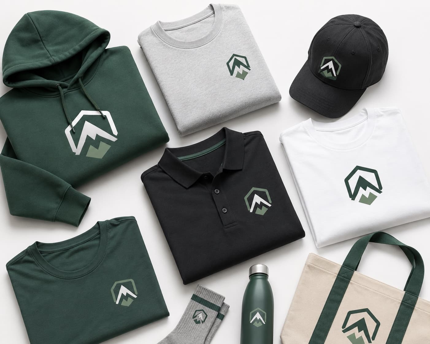 Folded hoodies, tees, polo, cap, tote, and water bottle with embroidered logo