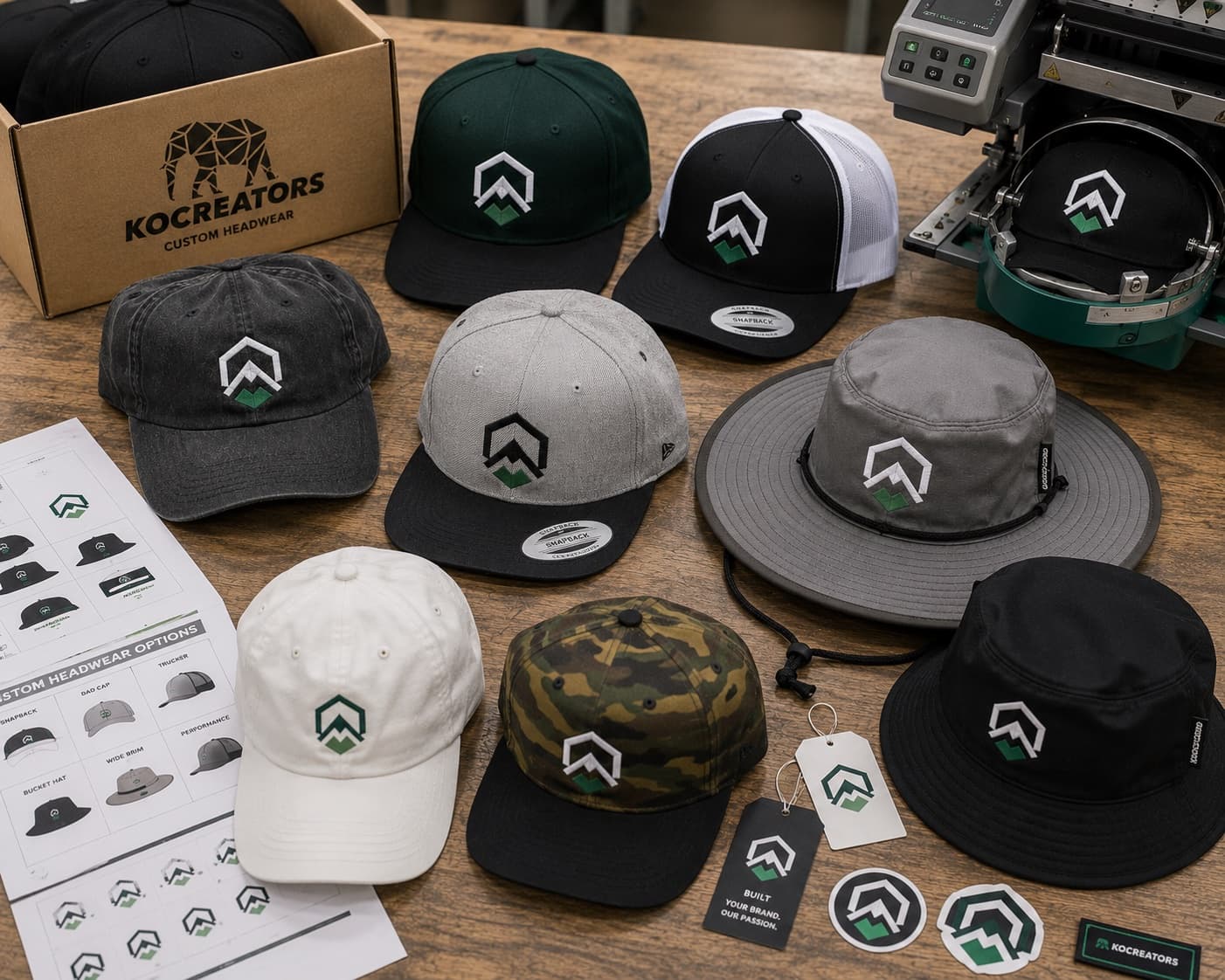 Assortment of embroidered caps, trucker hats, bucket hats, and a boonie hat with mountain logo