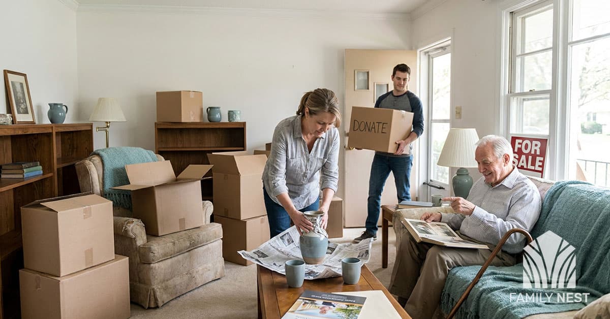 Family helping an elderly relative downsize and pack for a move, with Family Nest branding