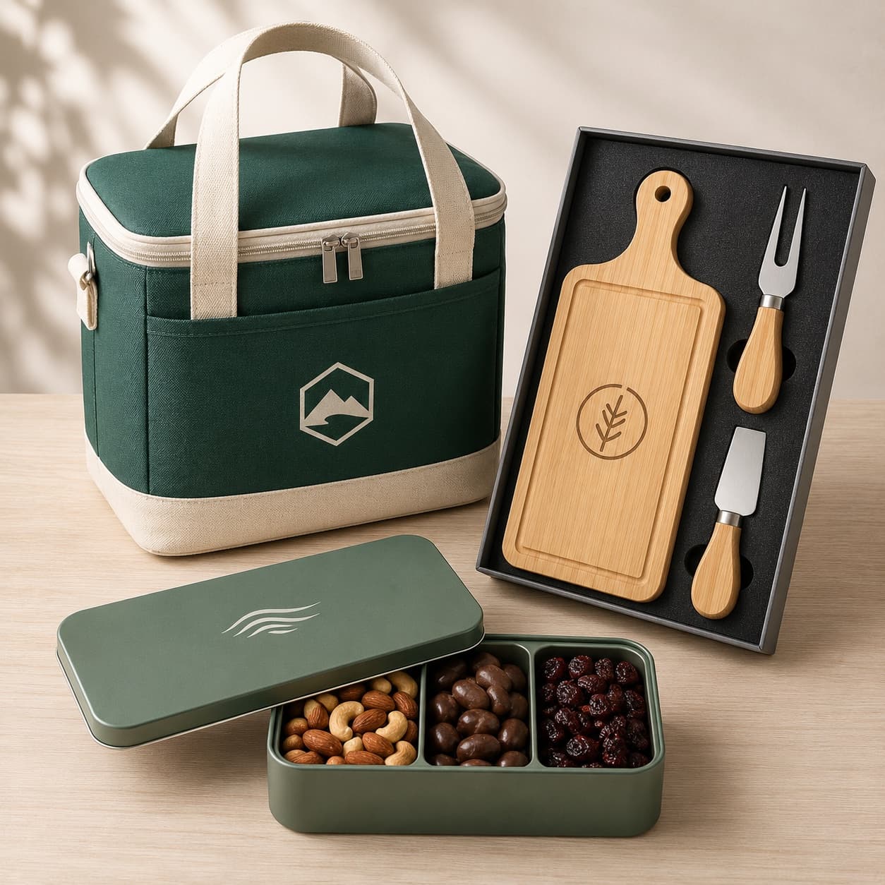 Branded cooler bag, cheese board gift set, and snack tin with nuts and dried fruit