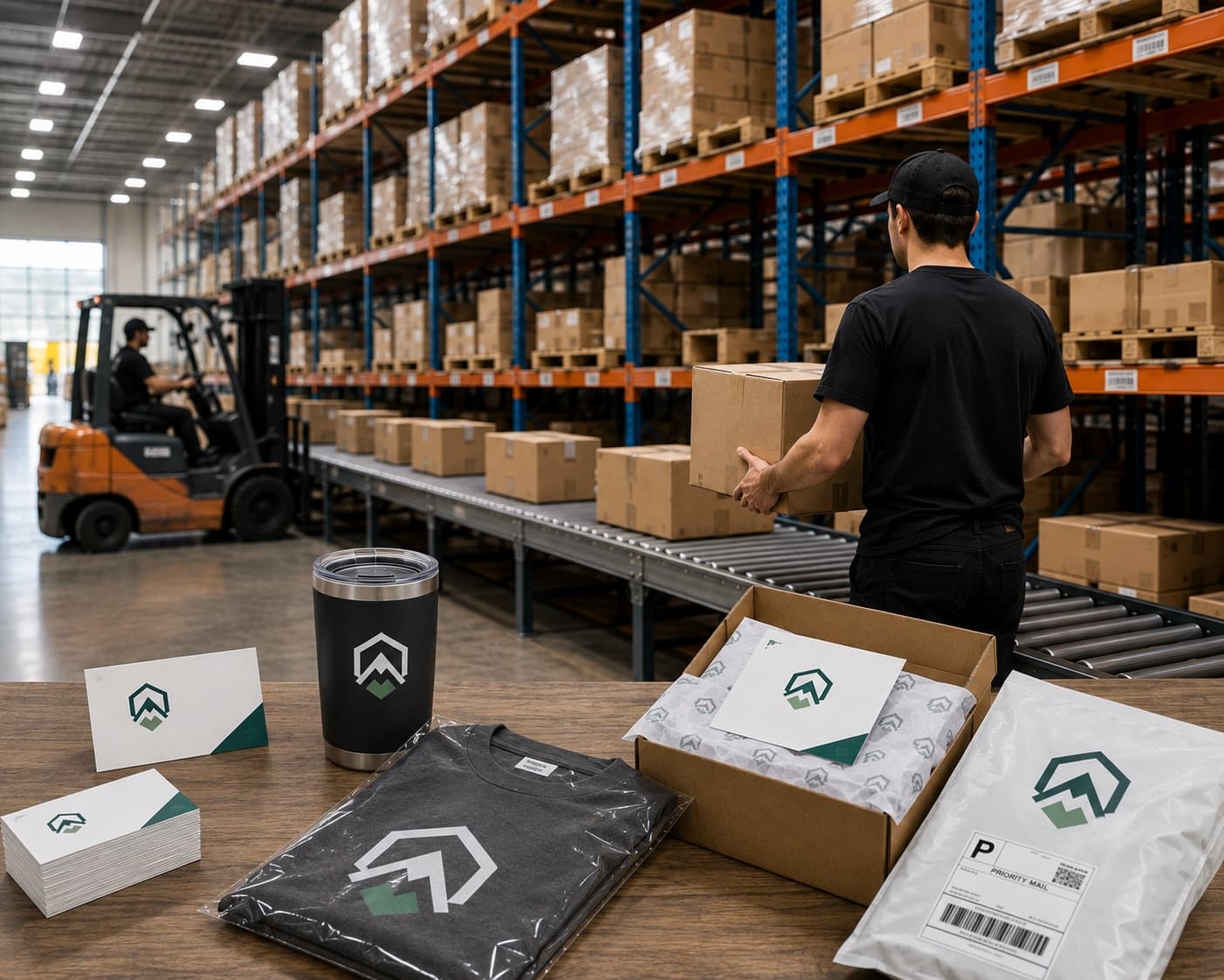 Warehouse worker moving boxes near packed shelving, with branded merch and shipping packages on a foreground table