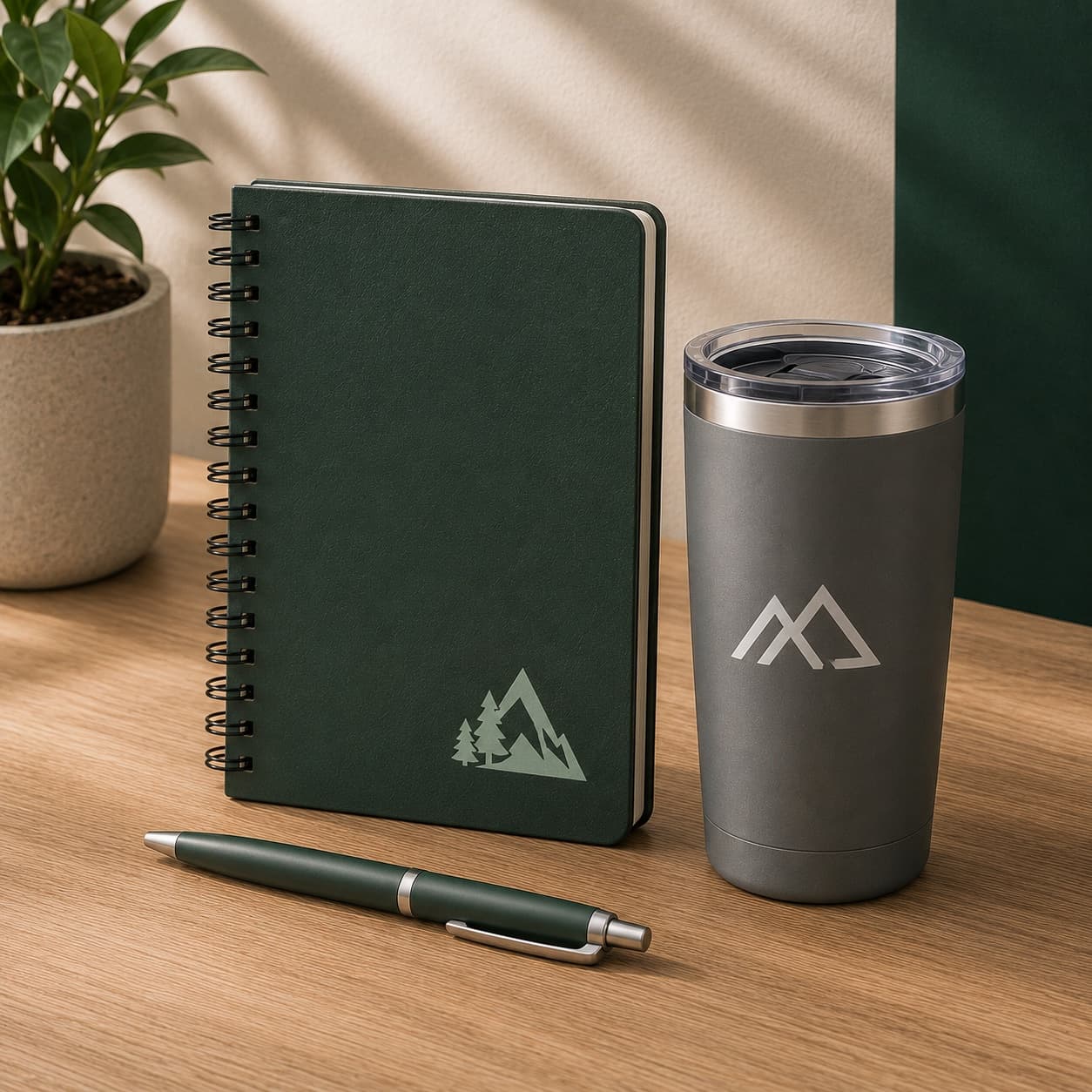 Branded green spiral notebook, pen, and gray tumbler with mountain logo