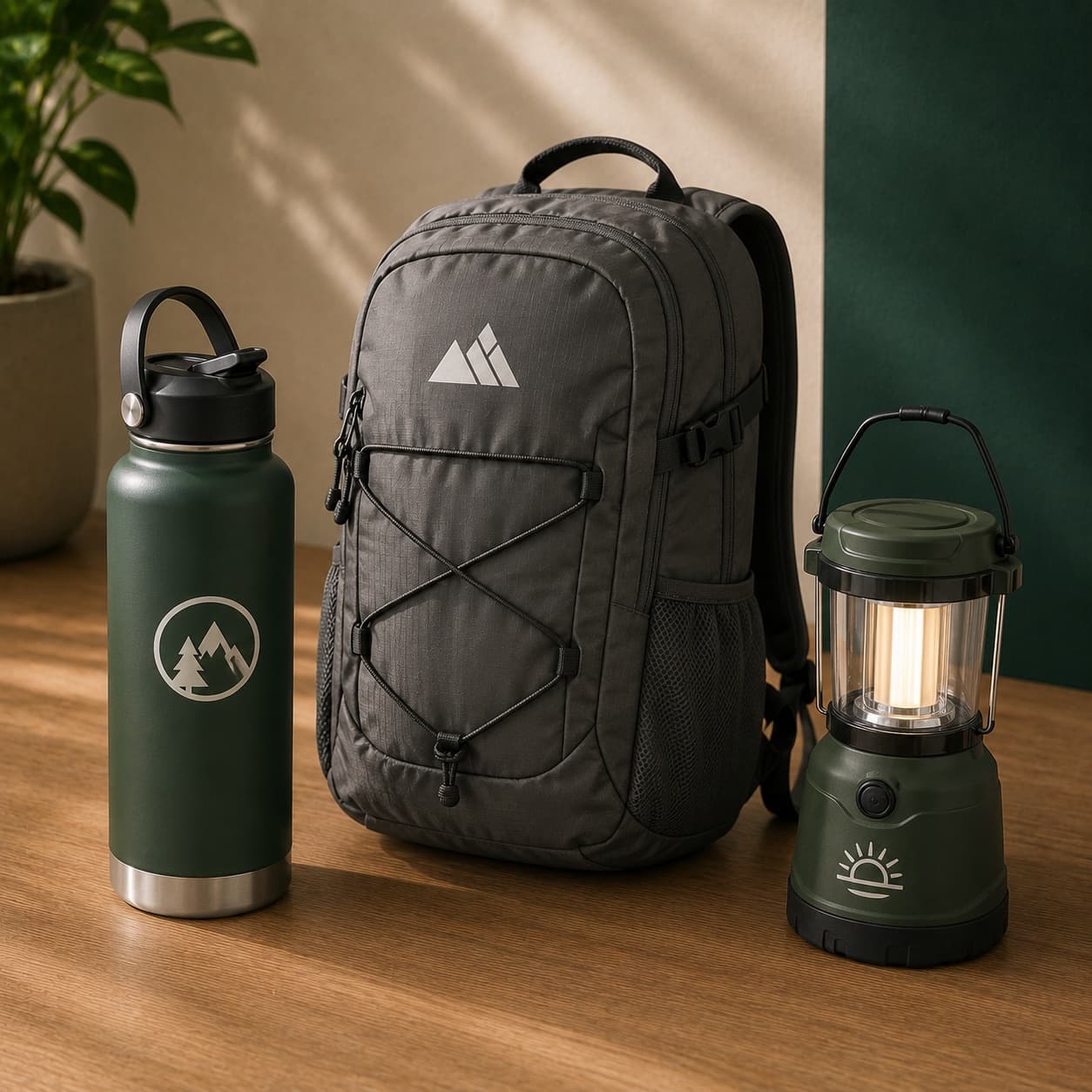 Branded water bottle, hiking backpack, and camping lantern with mountain logo