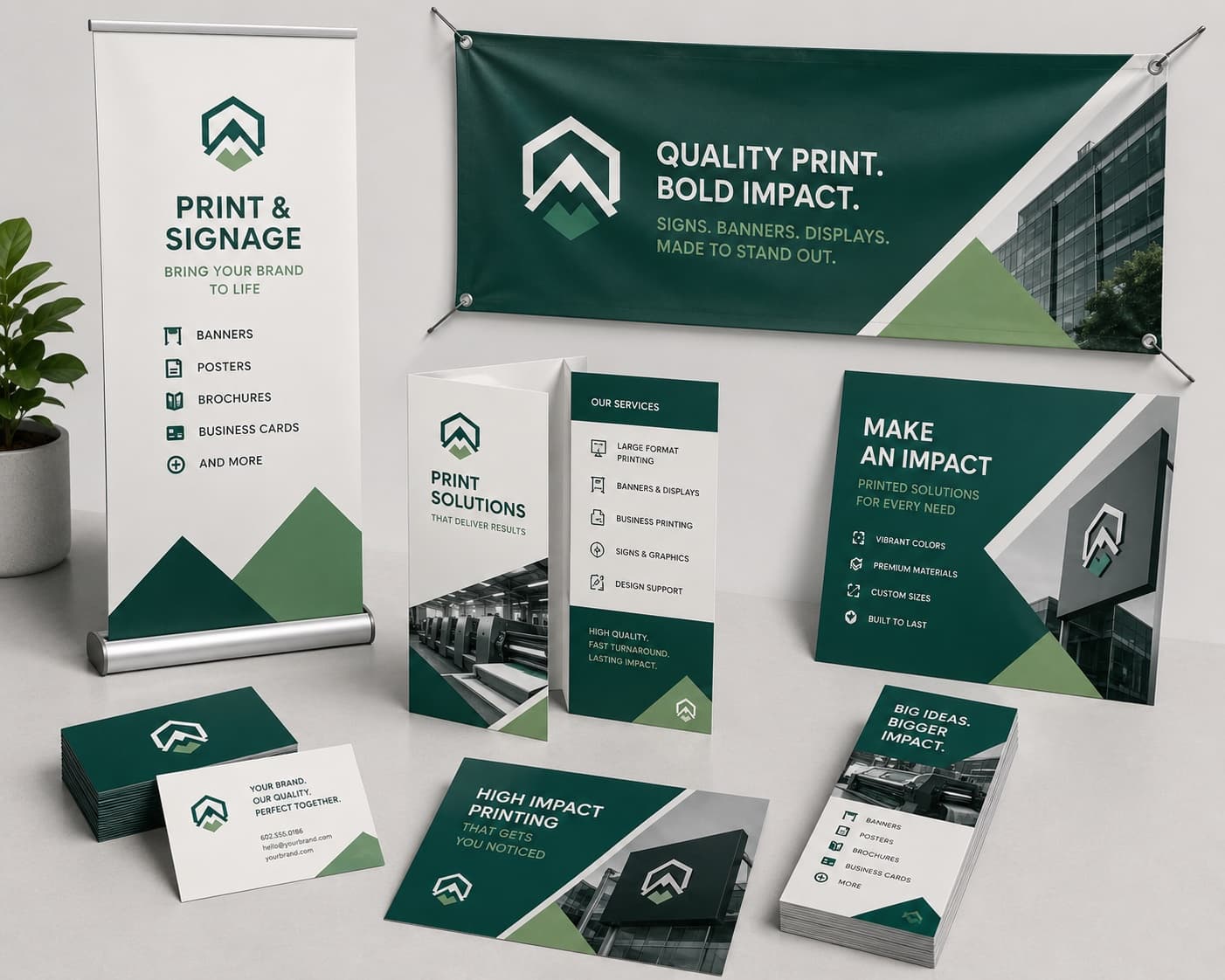 Retractable banner, vinyl banner, trifold brochures, and business cards with branded print materials