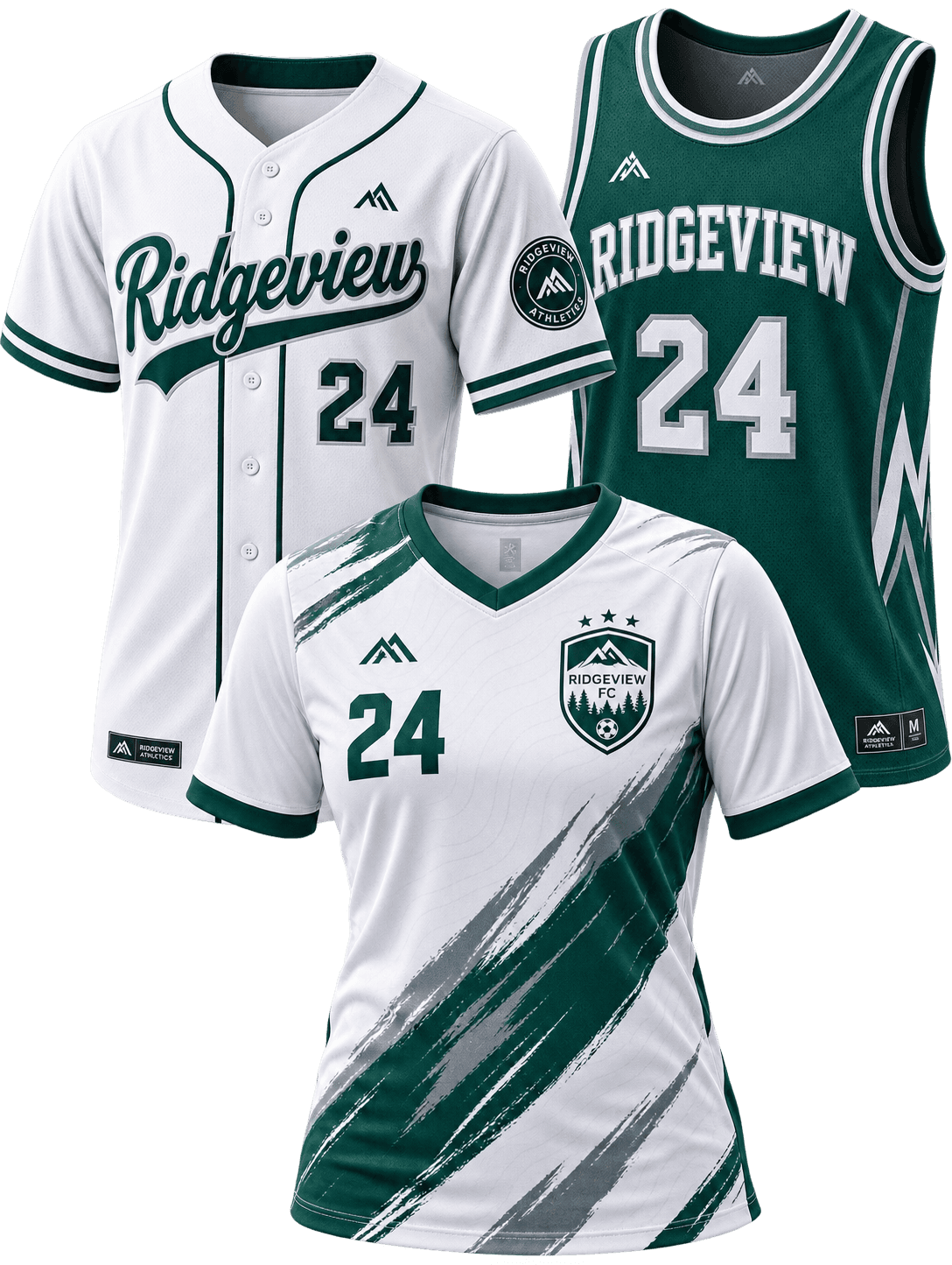 Custom baseball, basketball, and soccer team uniforms with numbers and logos