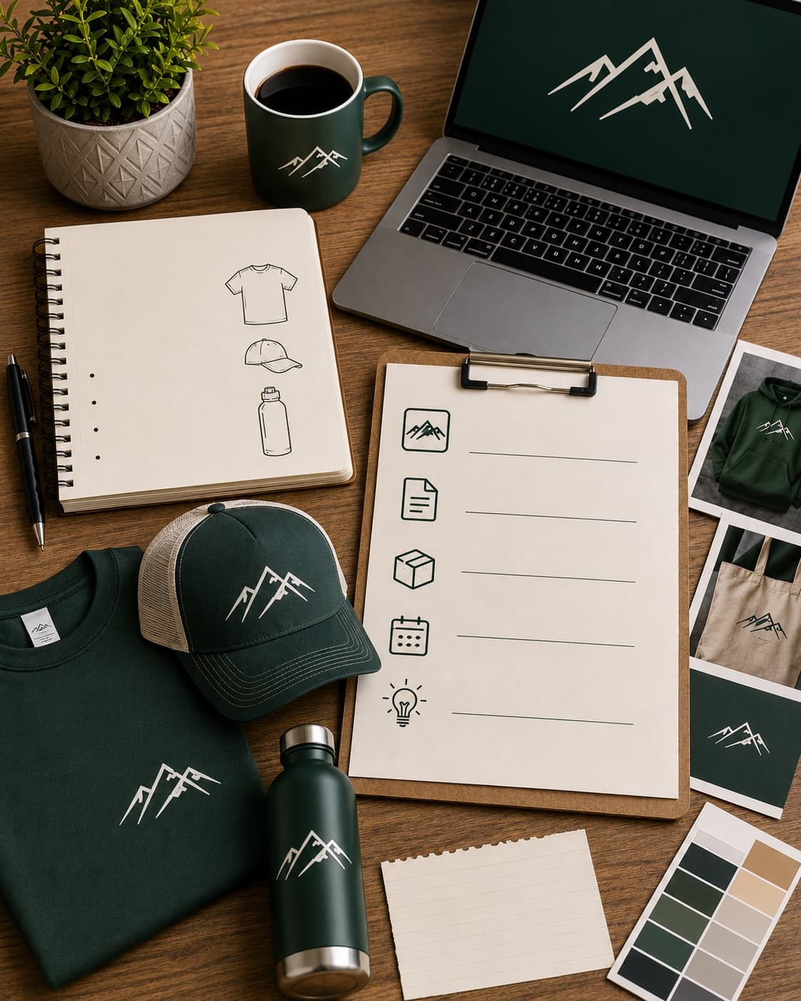 Desk flat lay with branded merch, laptop, notebook sketches, and a project planning checklist