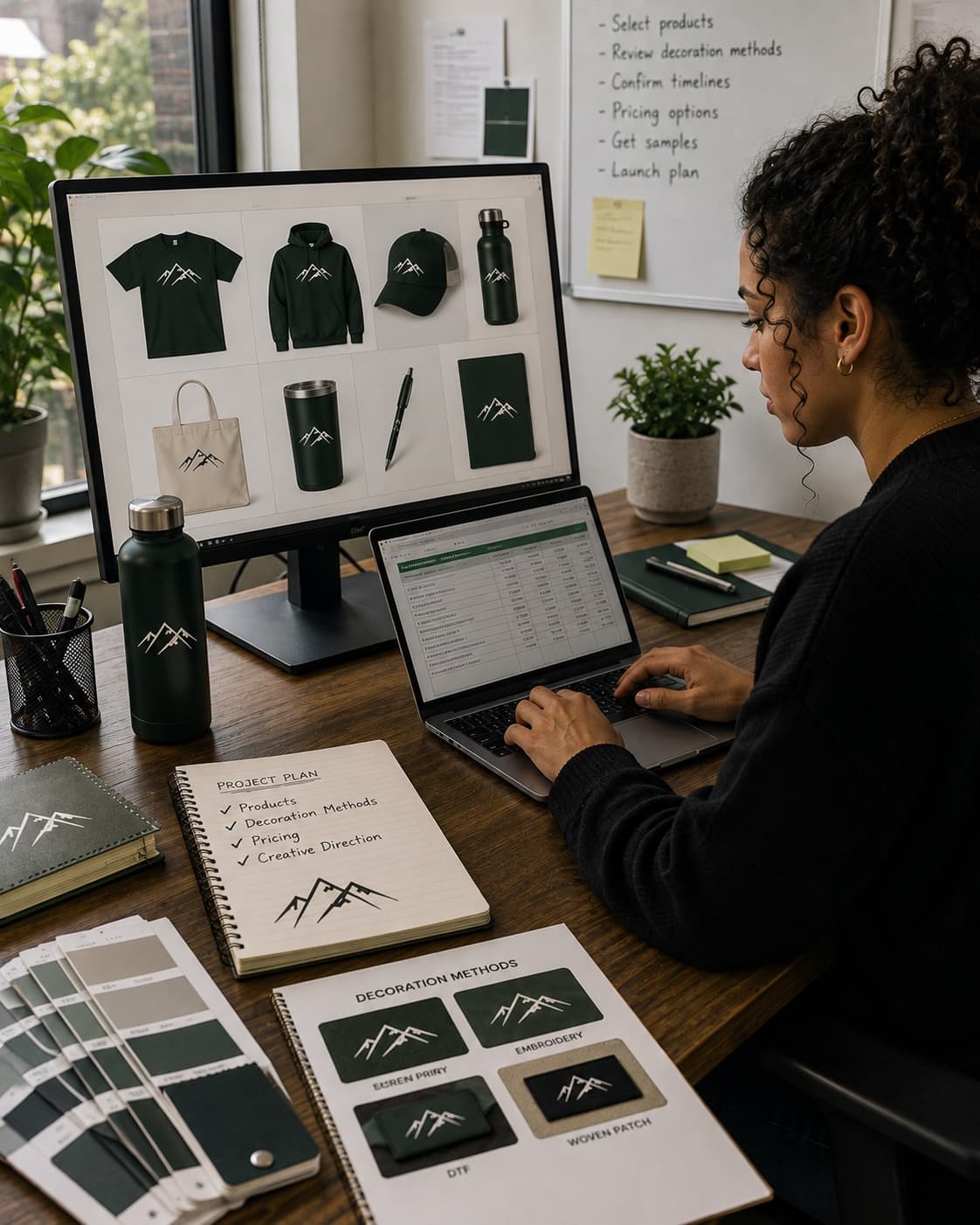 Designer reviewing branded product mockups on a monitor and pricing spreadsheet on a laptop