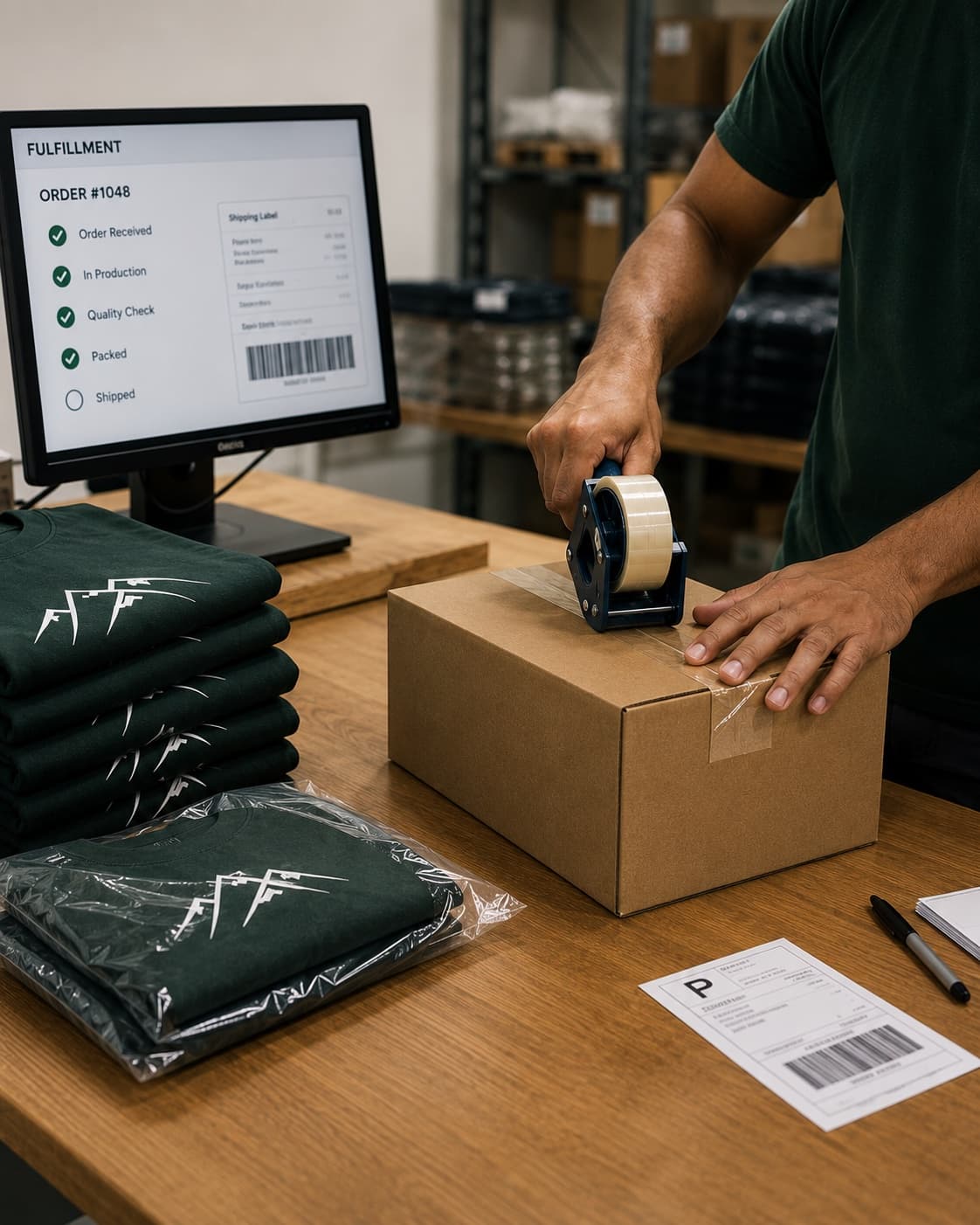 Worker taping a shipping box next to folded branded t-shirts and a fulfillment tracking screen