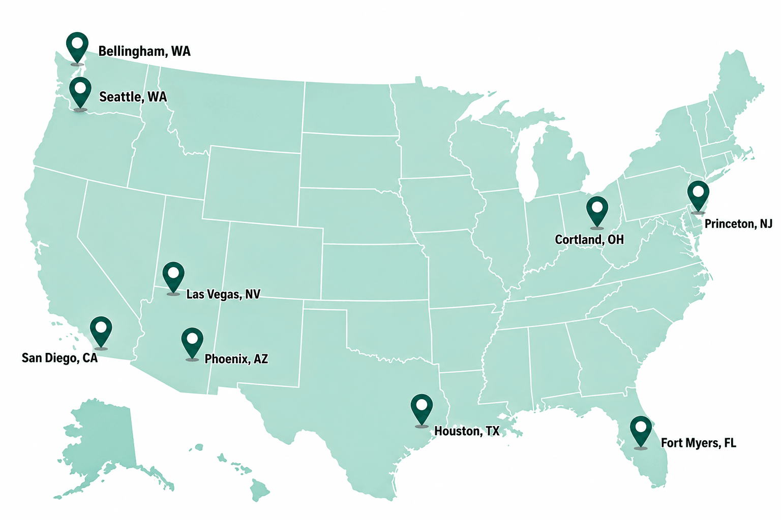 Map of Kocreators production facility and warehouse locations across the U.S.: Bellingham WA, Seattle WA, Las Vegas NV, San Diego CA, Phoenix AZ, Houston TX, Cortland OH, Princeton NJ, and Fort Myers FL