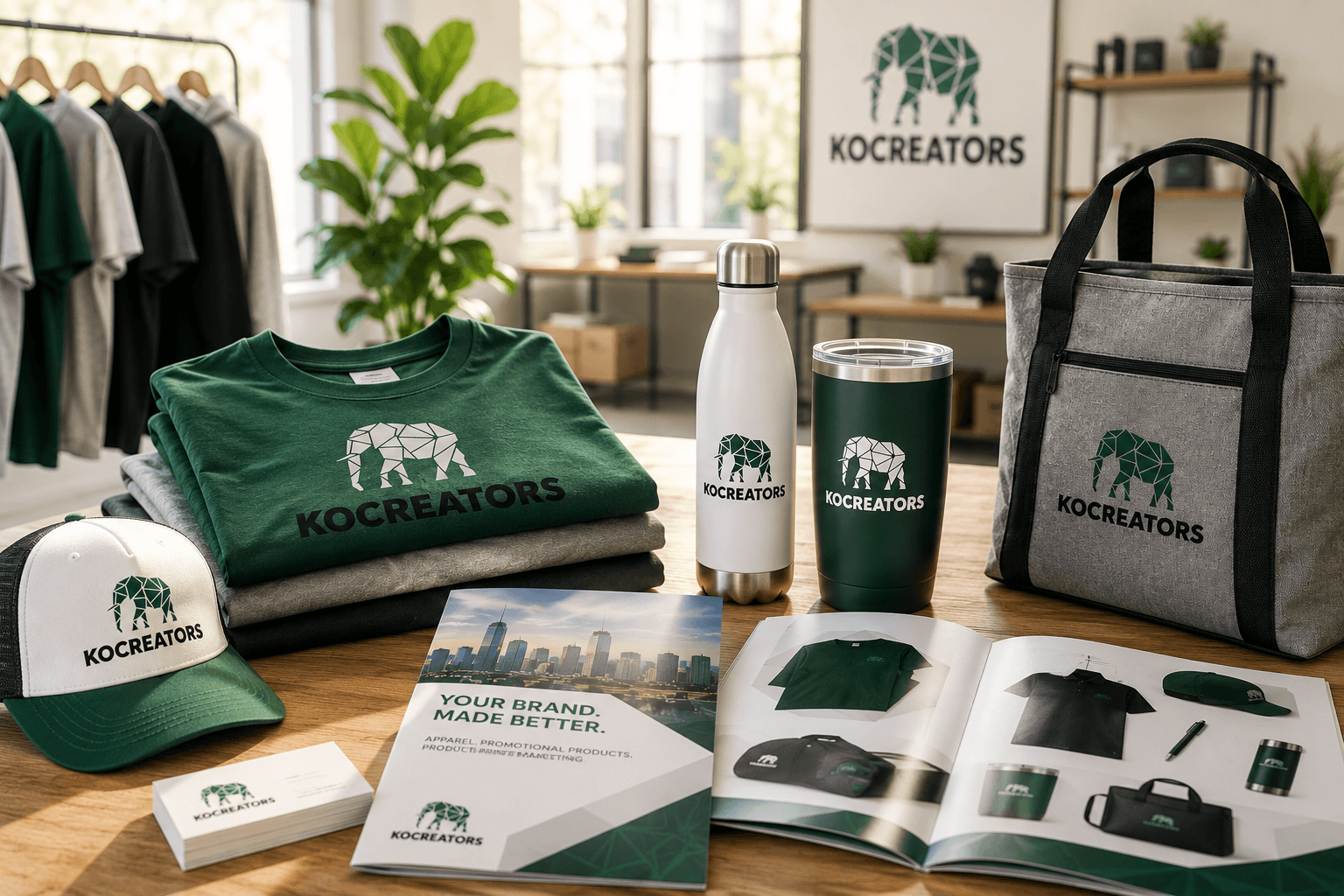 Kocreators branded apparel and promotional product lineup: tees, hats, tote bag, drinkware, brochure, and business cards