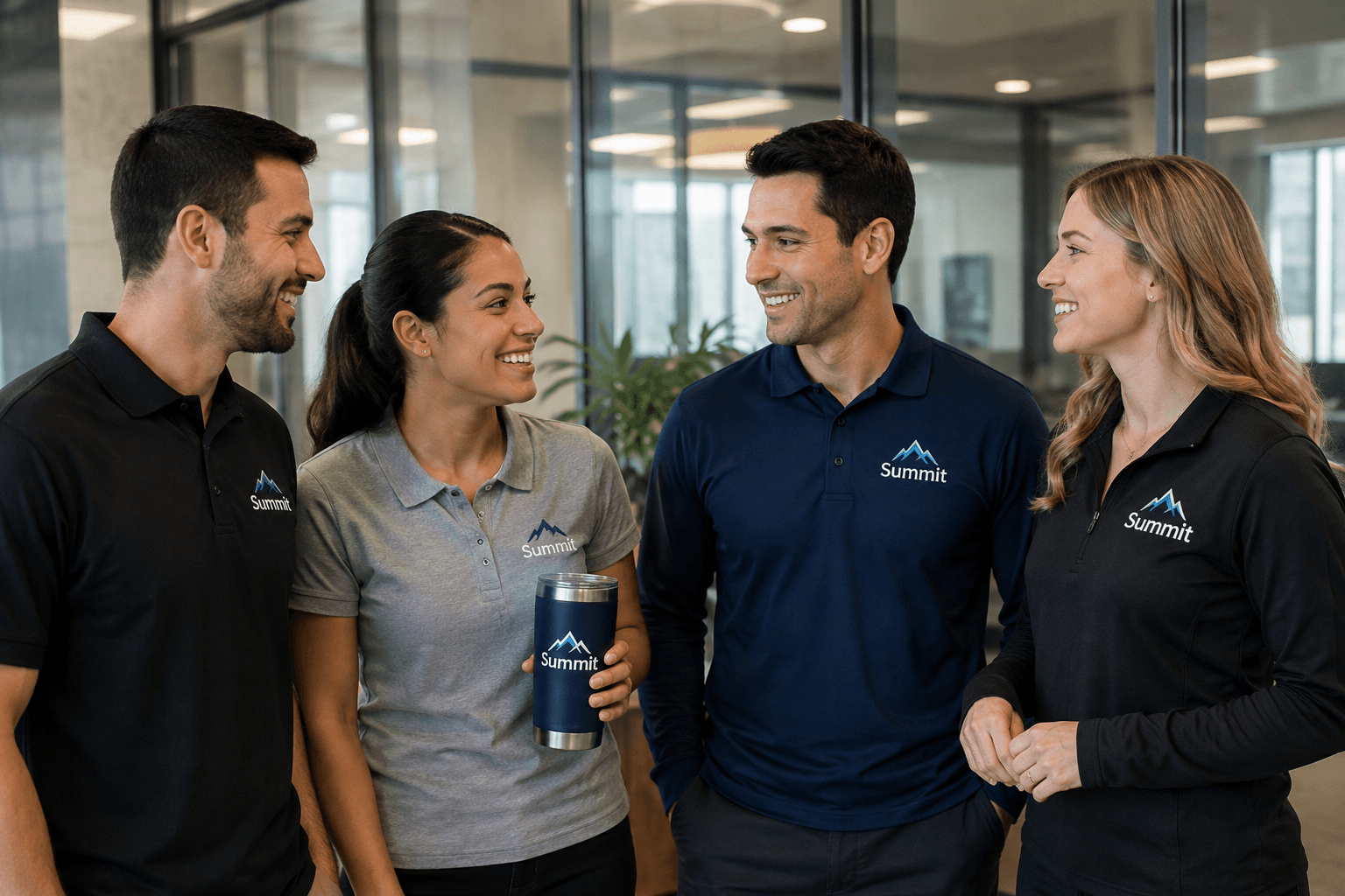 Team wearing custom embroidered Summit polos and holding a branded tumbler