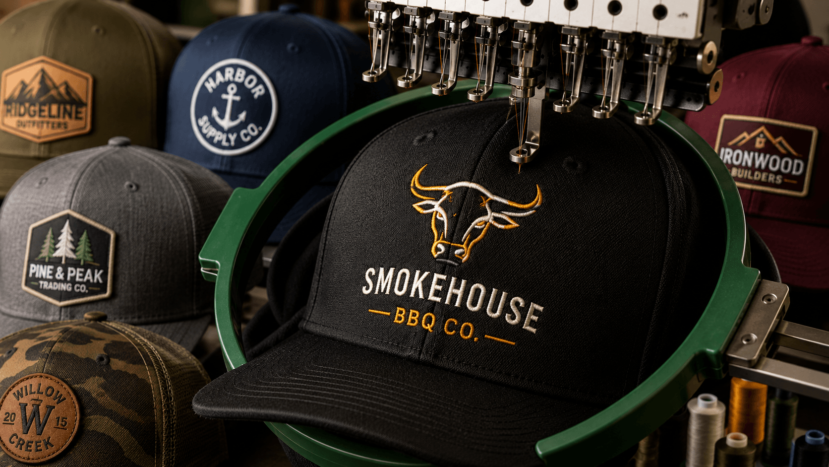 Custom embroidered caps for Smokehouse BBQ Co. and other brands