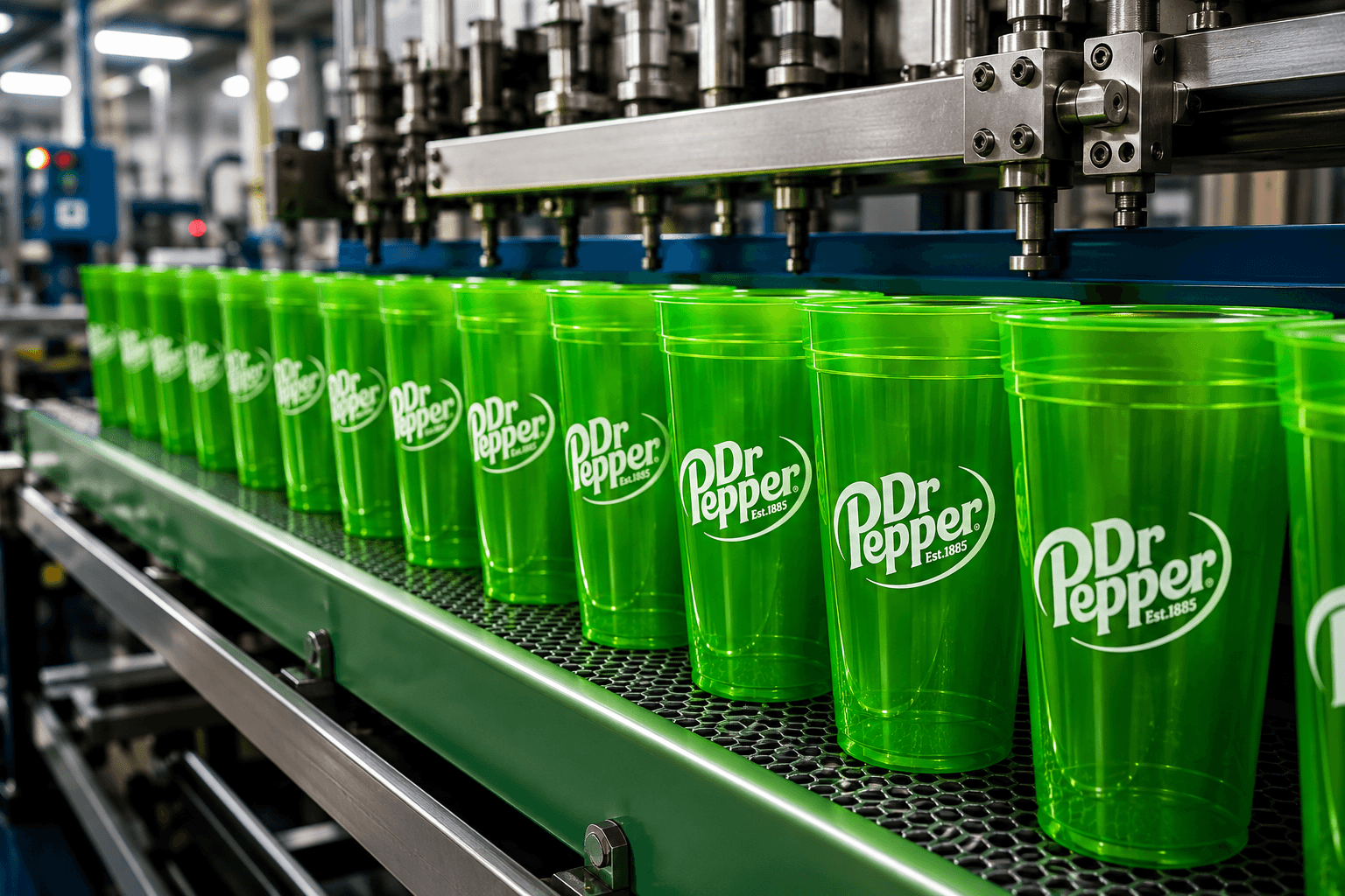 Dr Pepper stadium cups moving down the production line