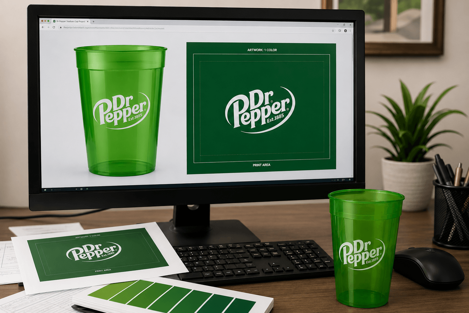 Dr Pepper stadium cup artwork proof shown on desk with Pantone swatches