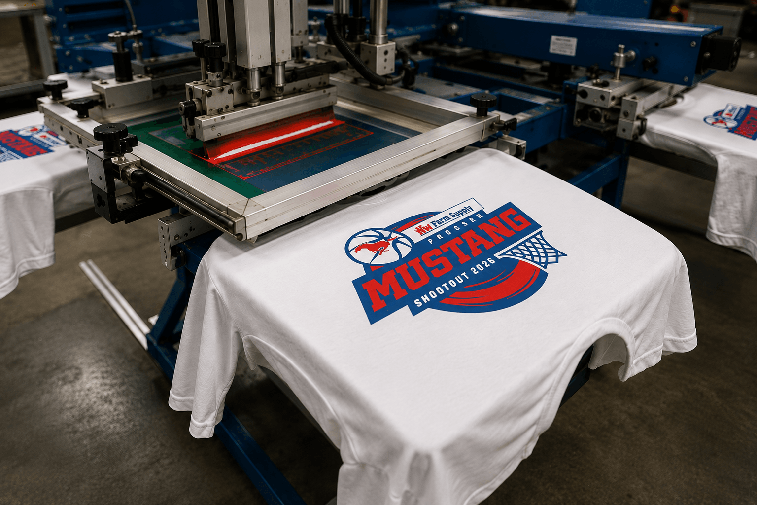 Automatic screen printing press printing Prosser Mustang Shootout 2026 shirts