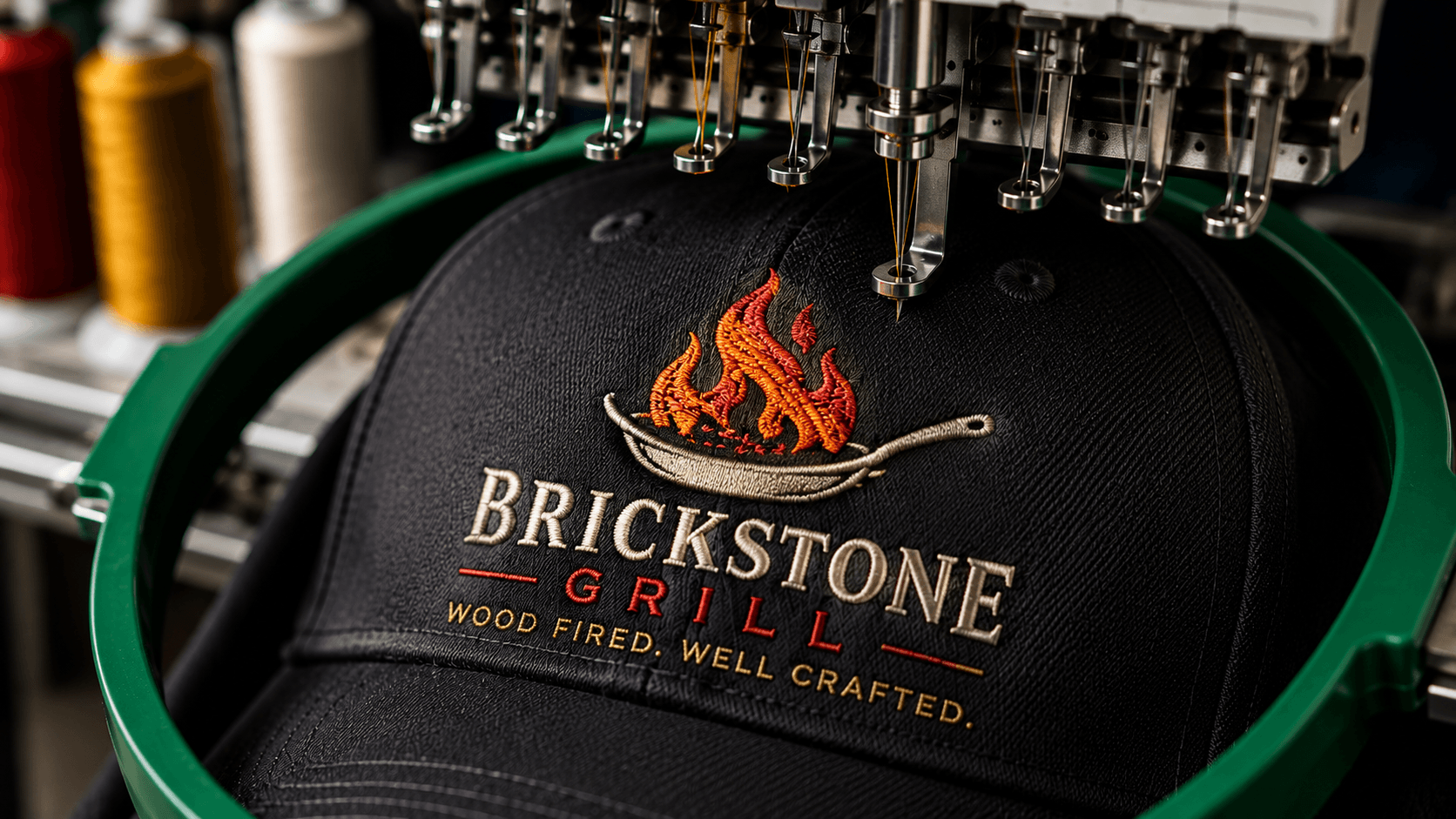 Embroidery machine stitching a custom logo onto a black cap