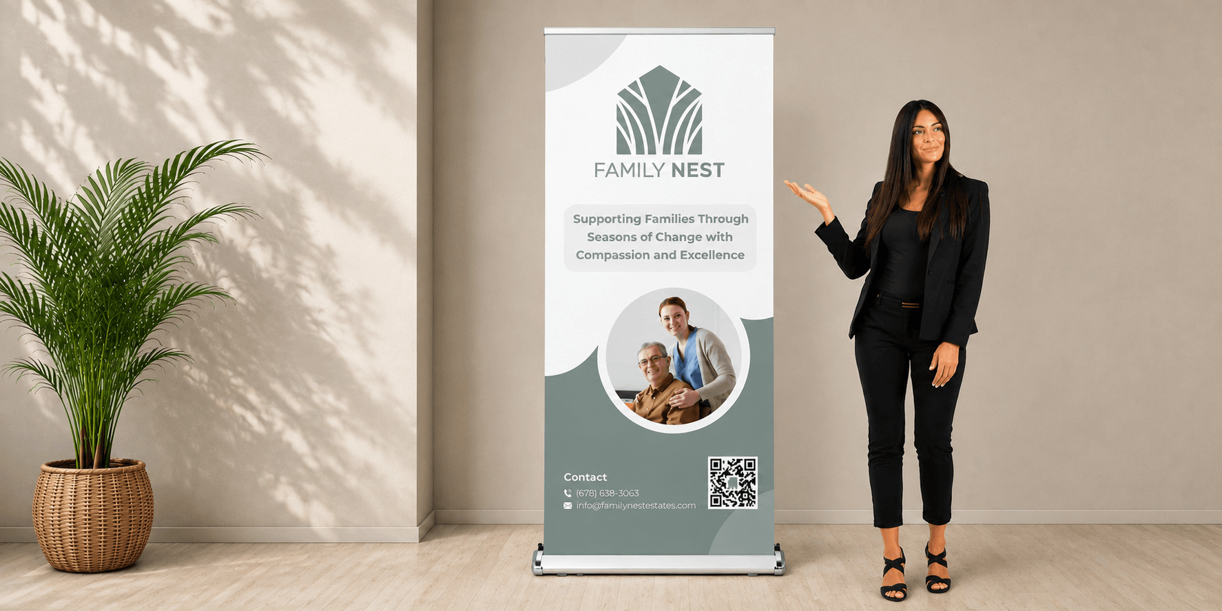 Family Nest branded retractable banner with woman presenting