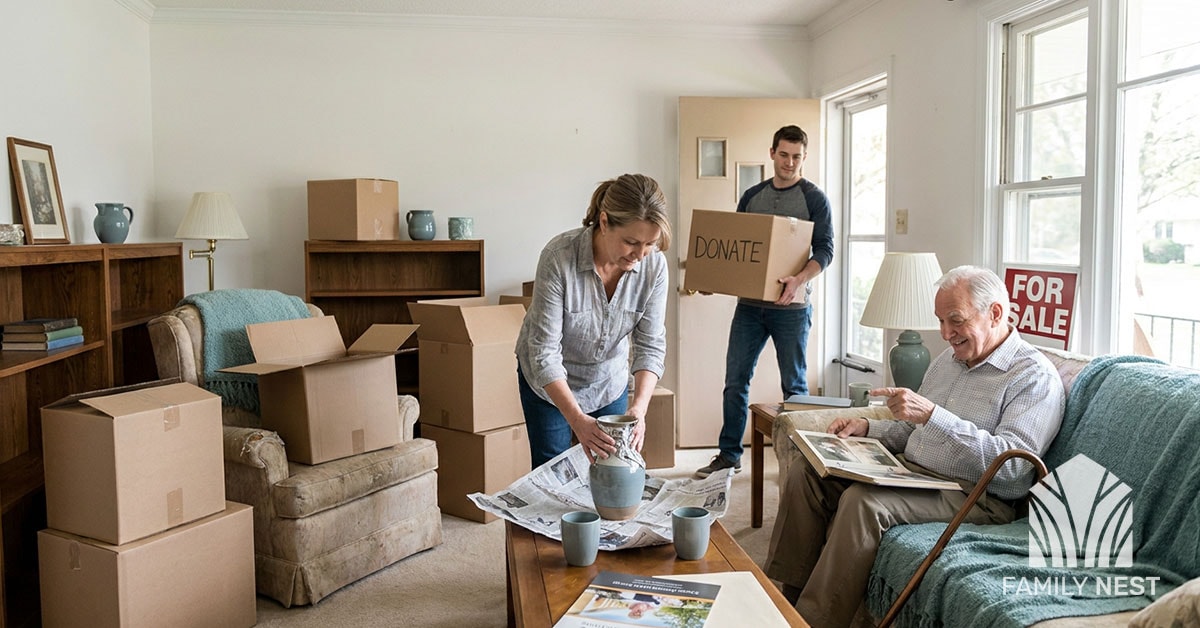 Family helping an elderly relative downsize and pack for a move, with Family Nest branding