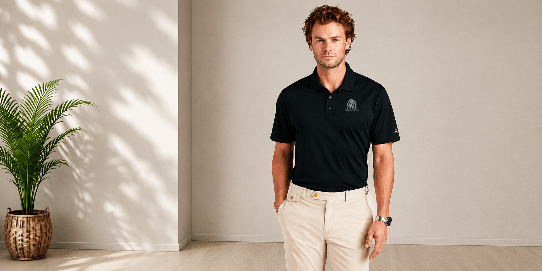 Man wearing a black embroidered Family Nest branded polo