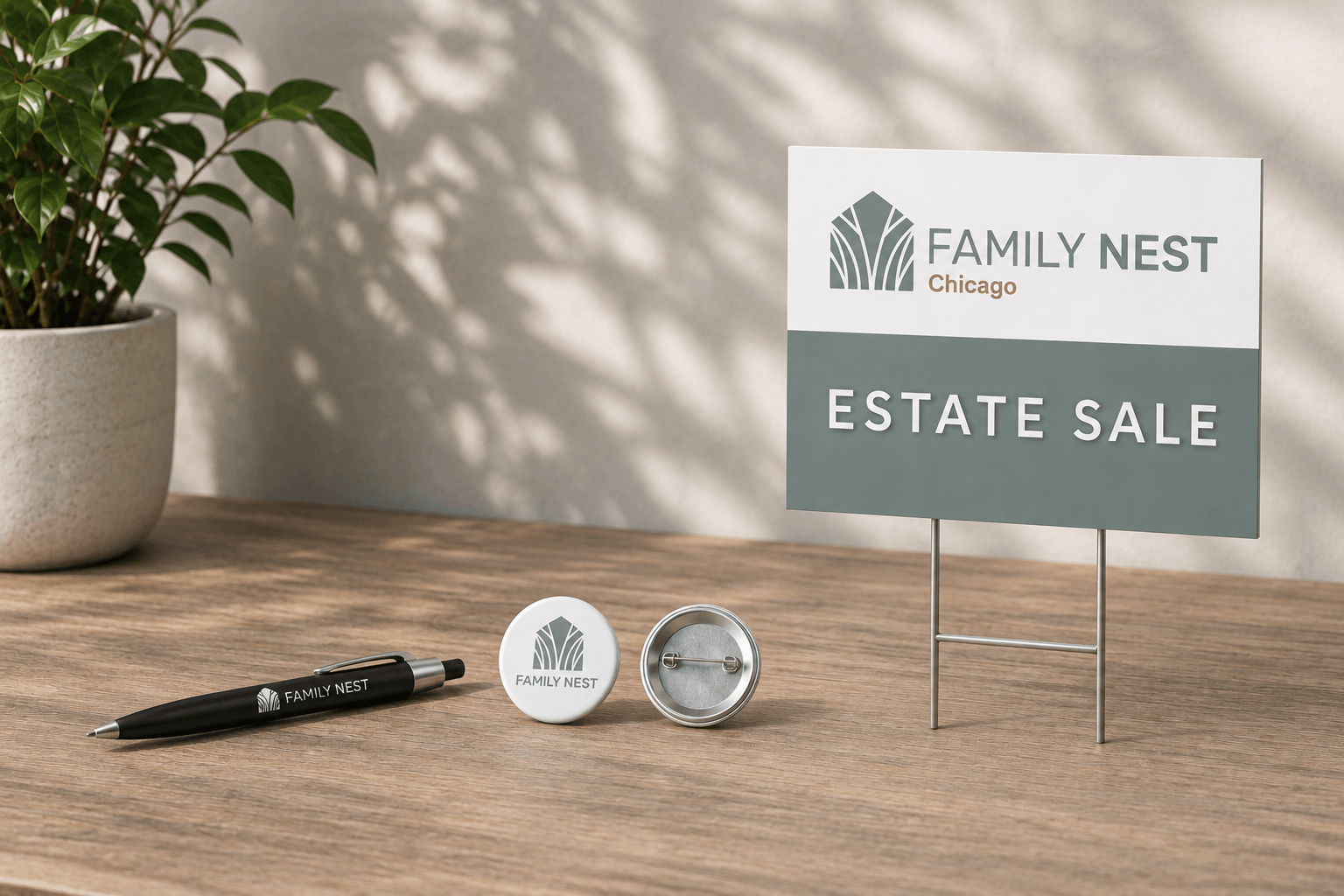 Family Nest branded pen, buttons, and yard sign