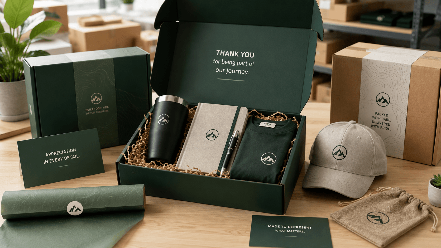Branded gift box kit with tumbler, notebook, pen, shirt, hat, and packaging