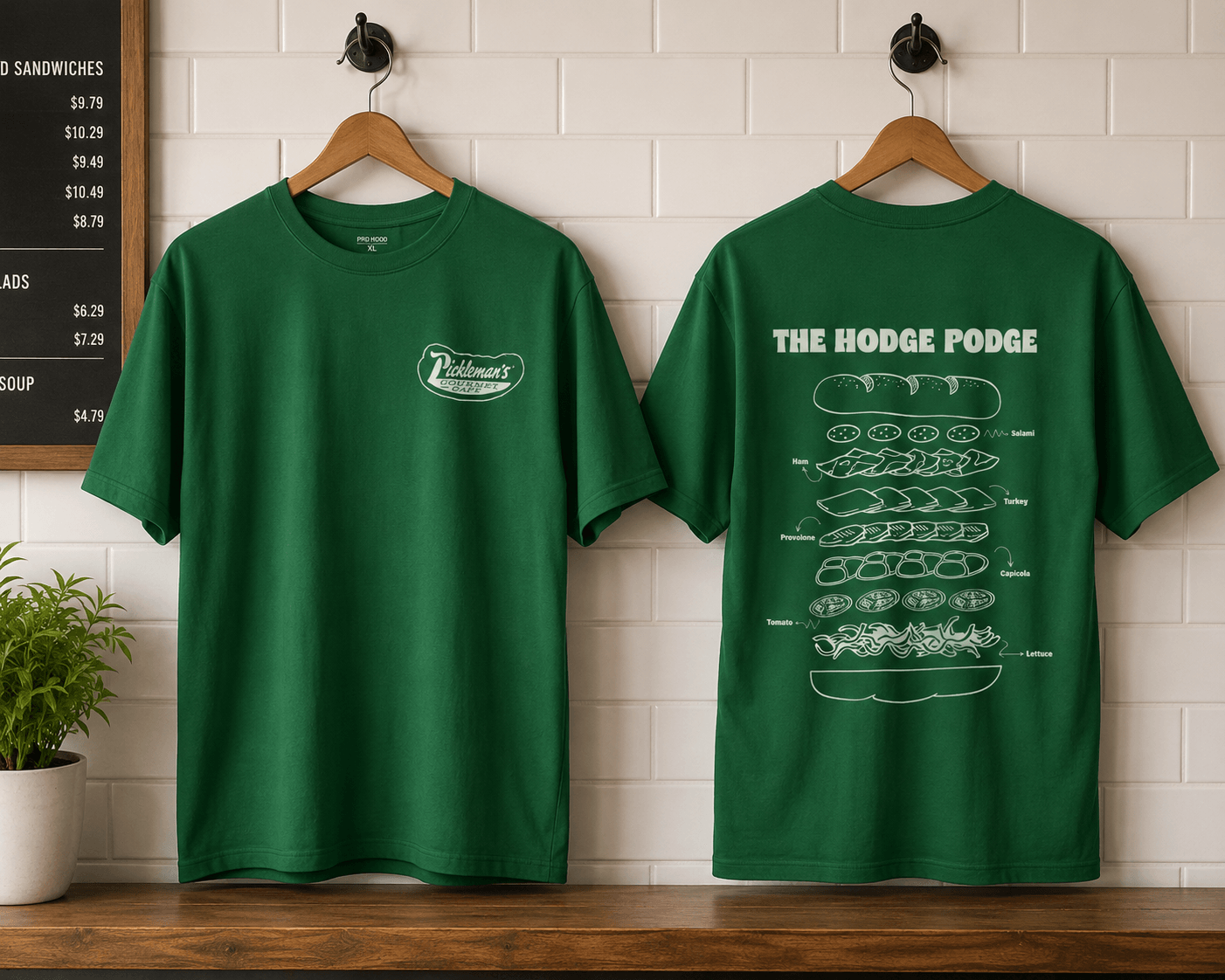 Pickleman's branded green tees, front logo and Hodge Podge sandwich back print