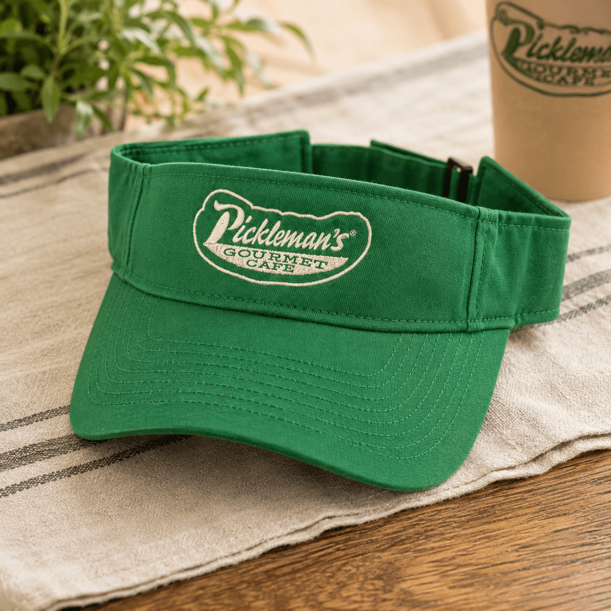 Green Pickleman's Gourmet Cafe branded visor