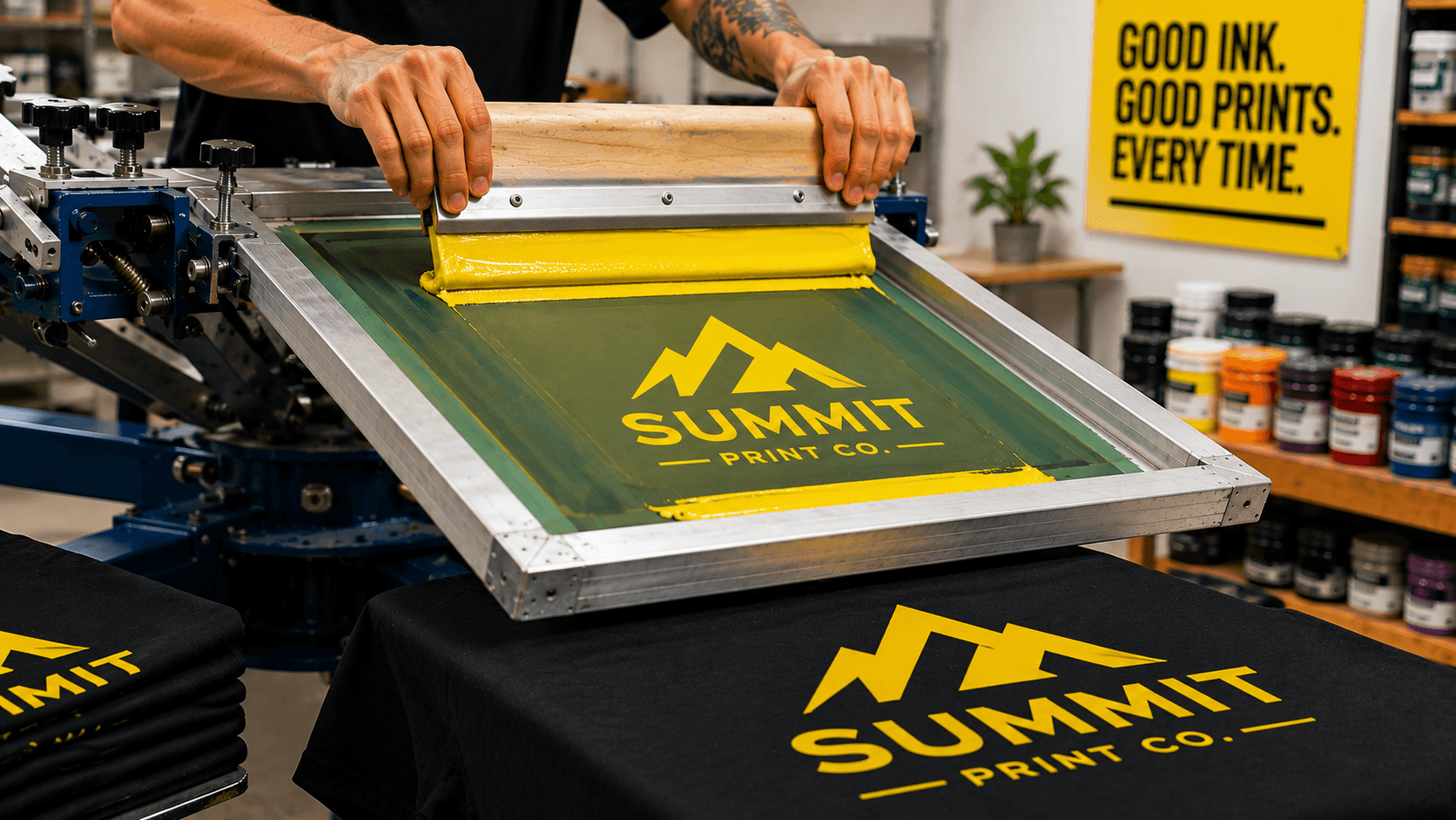 Screen printer applying yellow ink through a mesh screen onto a black t-shirt