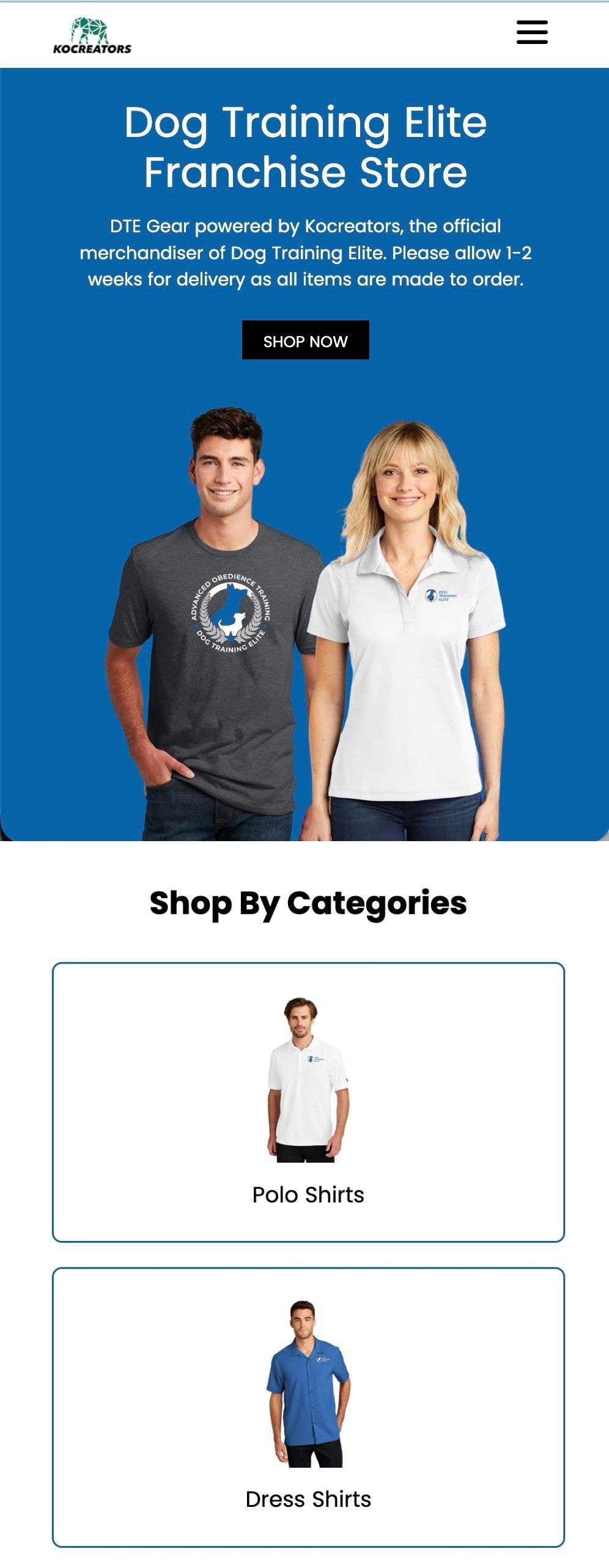 Dog Training Elite branded merchandise storefront on mobile, hero and shop-by-category sections
