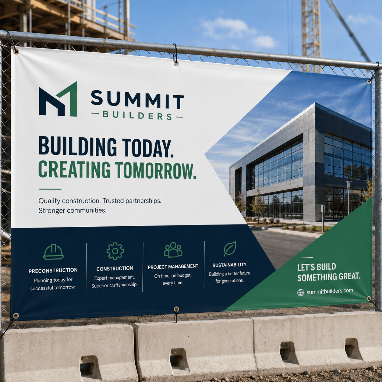 Custom vinyl banner for Summit Builders hung on a construction fence