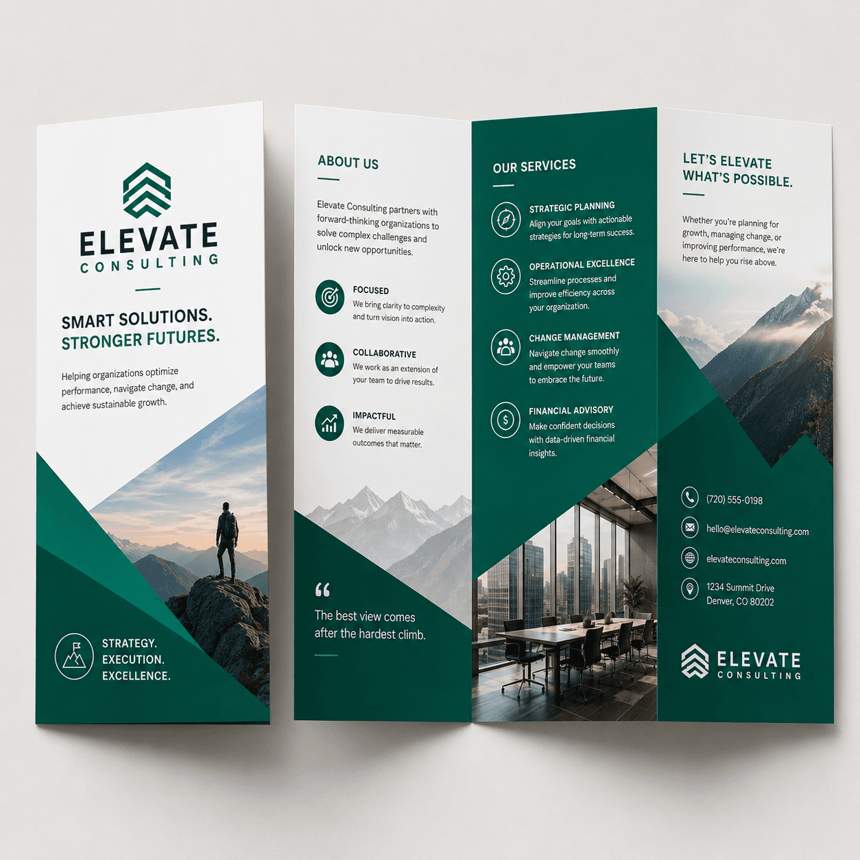 Custom tri-fold brochure for Elevate Consulting