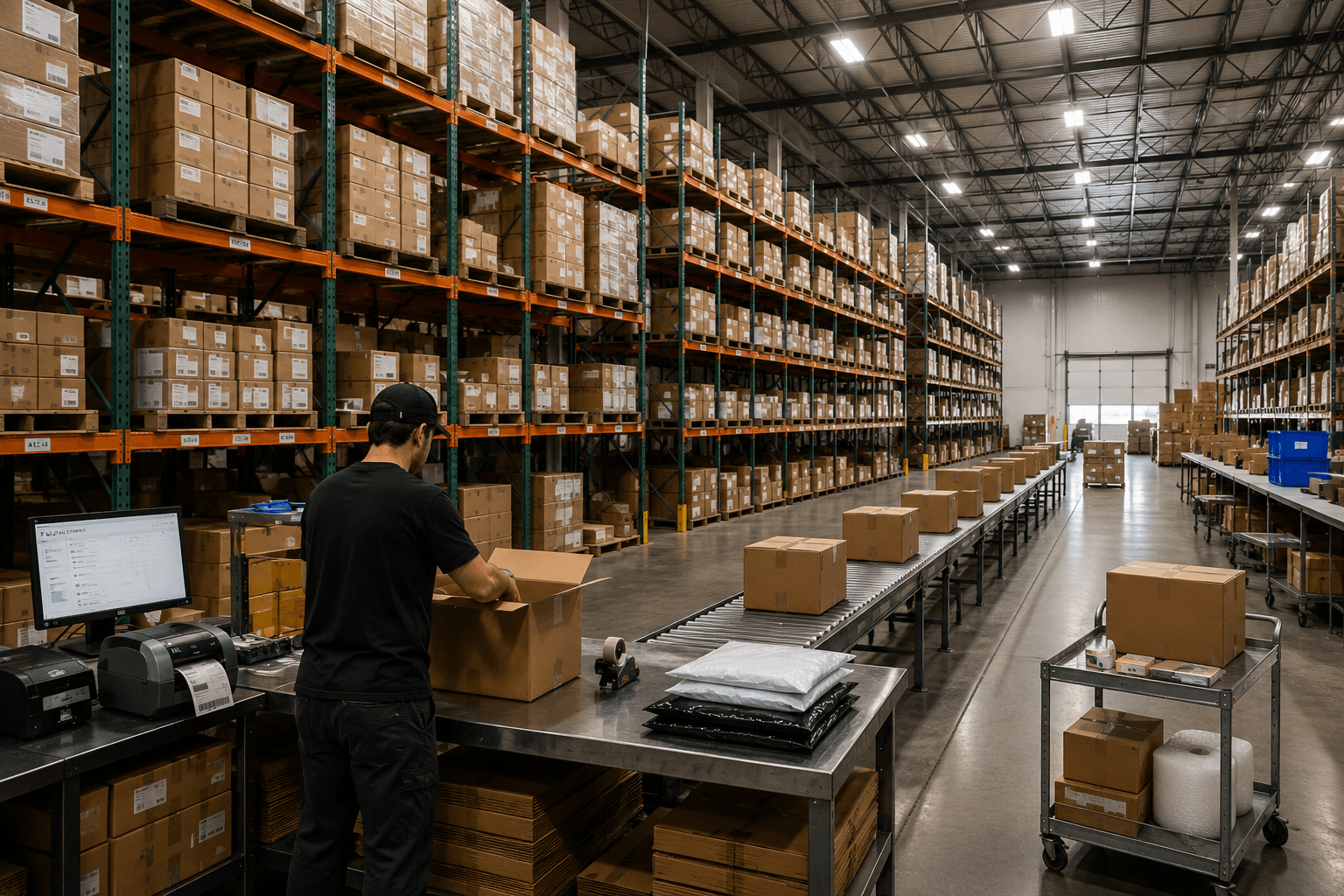 Warehouse team packing and shipping orders