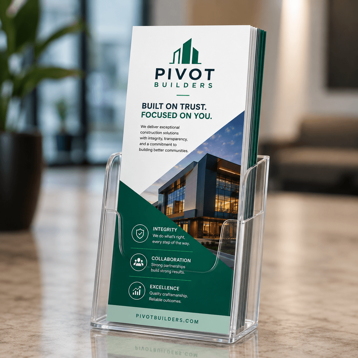 Custom rack card for Pivot Builders in a display holder